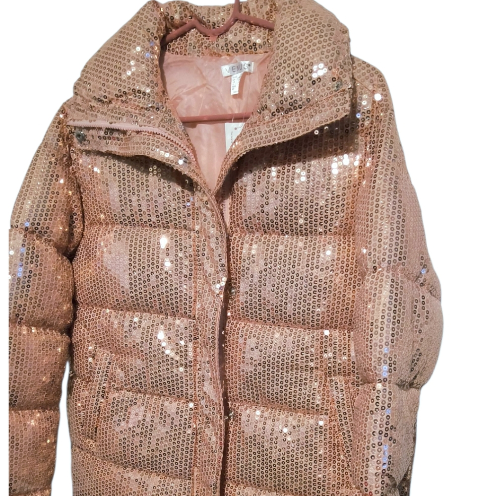 Venus Pink Sequin Puffer Jacket NWT - Winter Feminine Sparkle Outerwear Size SM - Picture 2 of 10